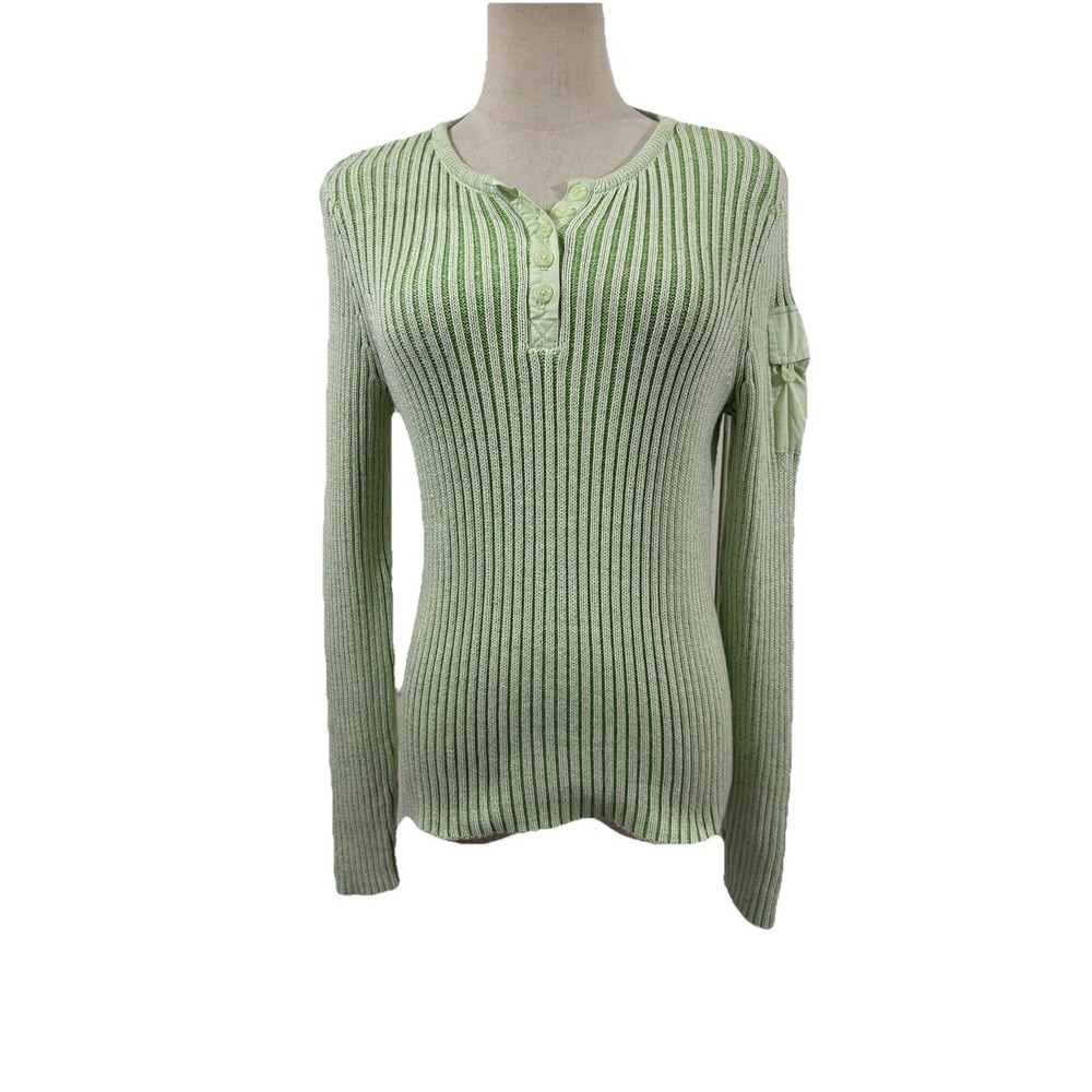 Vtg 90s Women's Green Ribbed Henley Top Long Sleeve Sz S Grunge Preppy Y2K‎